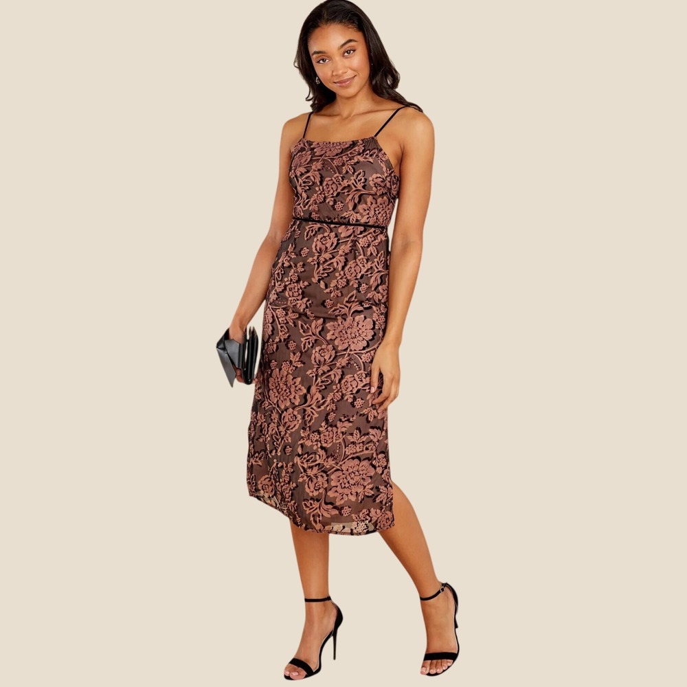 Dress Forum LA Floral Burnout Velvet Midi Dress Brown Lace Up Back Medium EUC